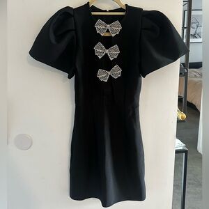 Black Mini Sheath Dress with Puff Cap Sleeves and Gray Bows